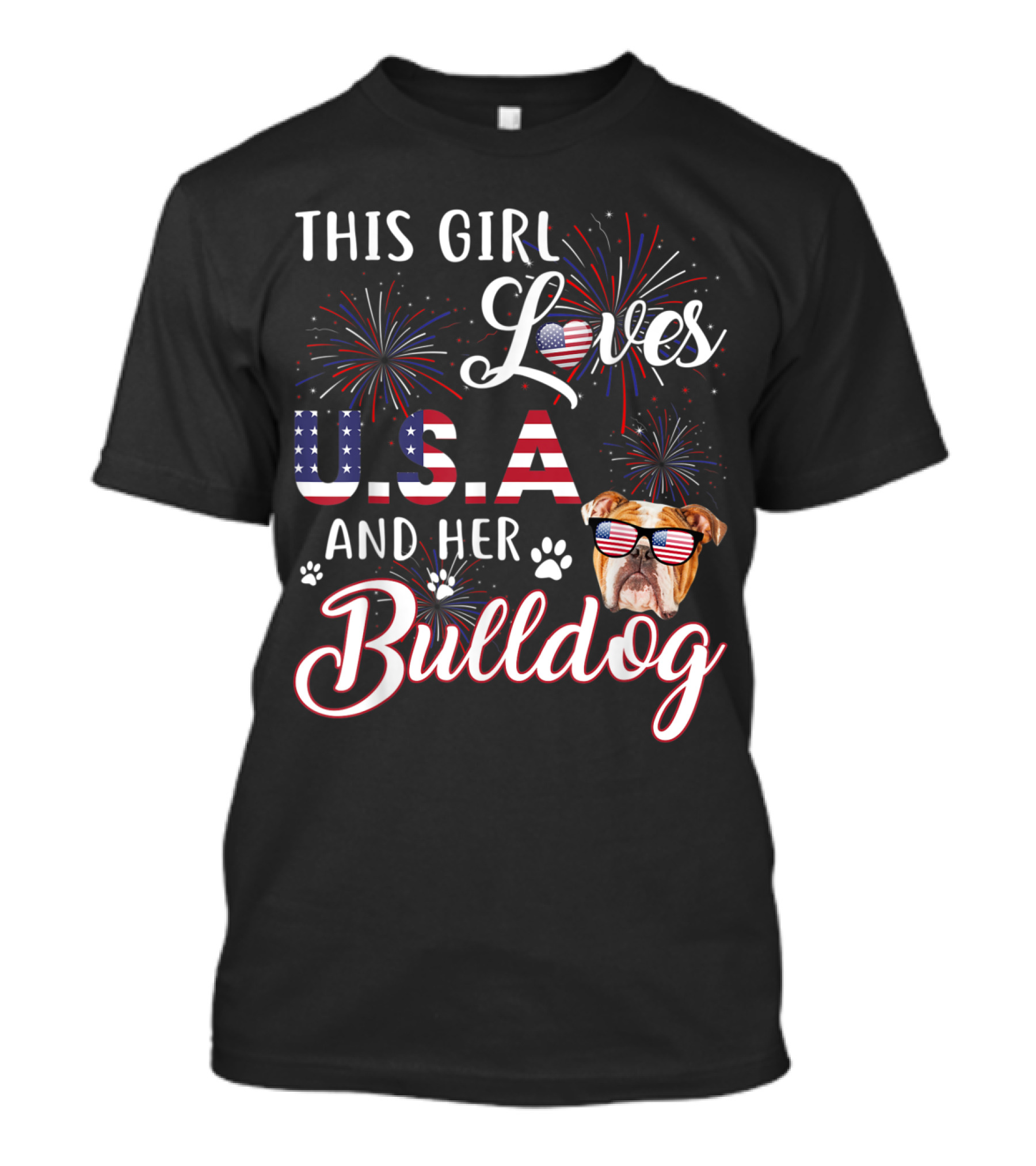 This Girl Loves USA And Her Patriotic Bulldog With Fireworks And American Flag Glasses T-Shirt