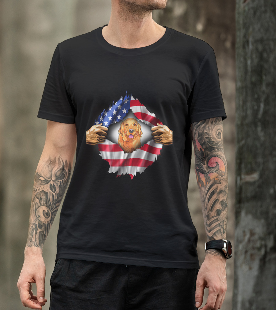 Open Hand American Flag Golden Retriever Rip T-Shirt