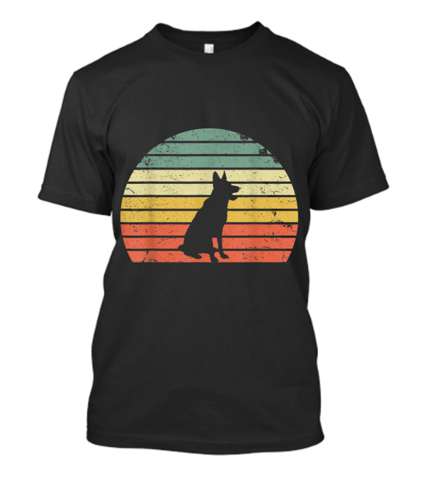 Vintage German Shepherd Silhouette Against Retro Sunset Stripes T-Shirt