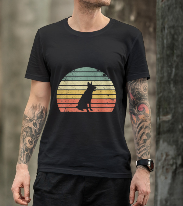 Vintage German Shepherd Silhouette Against Retro Sunset Stripes T-Shirt