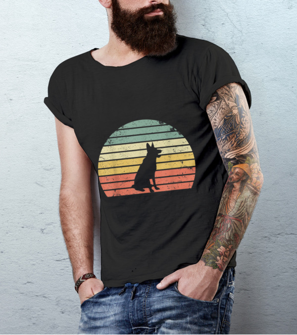 Vintage German Shepherd Silhouette Against Retro Sunset Stripes T-Shirt