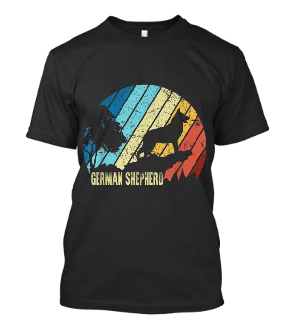 Retro German Shepherd Silhouette On Striped Circle Background T-Shirt
