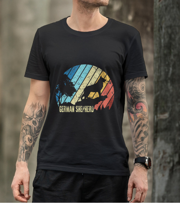 Retro German Shepherd Silhouette On Striped Circle Background T-Shirt