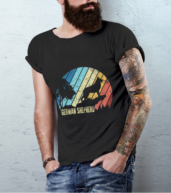 Retro German Shepherd Silhouette On Striped Circle Background T-Shirt