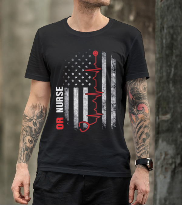 OR Nurse Distressed Flag ECG Heartbeat T-Shirt