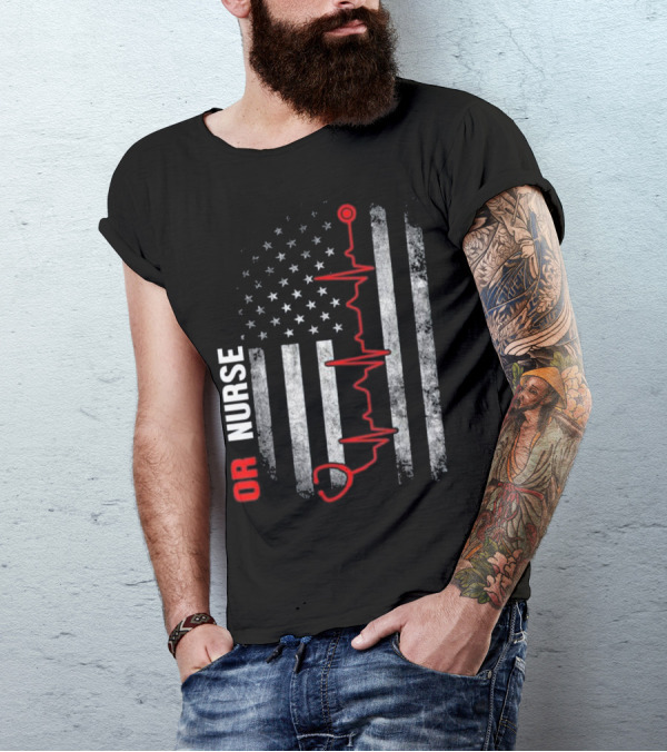 OR Nurse Distressed Flag ECG Heartbeat T-Shirt