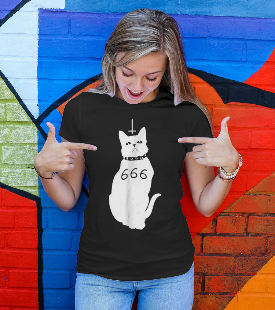 Hail Satan Demonic Cat 666 Cross T-Shirt