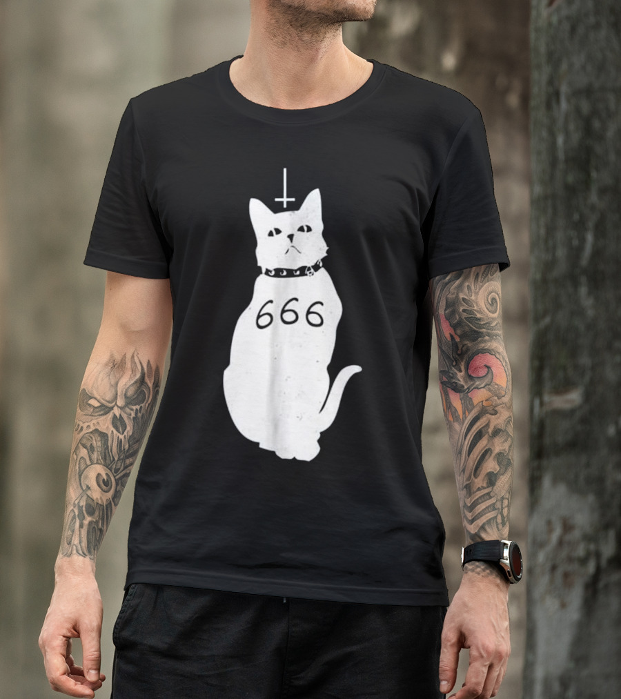 Hail Satan Demonic Cat 666 Cross T-Shirt