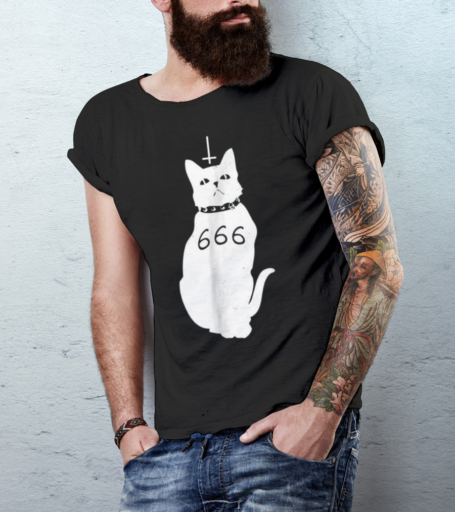 Hail Satan Demonic Cat 666 Cross T-Shirt