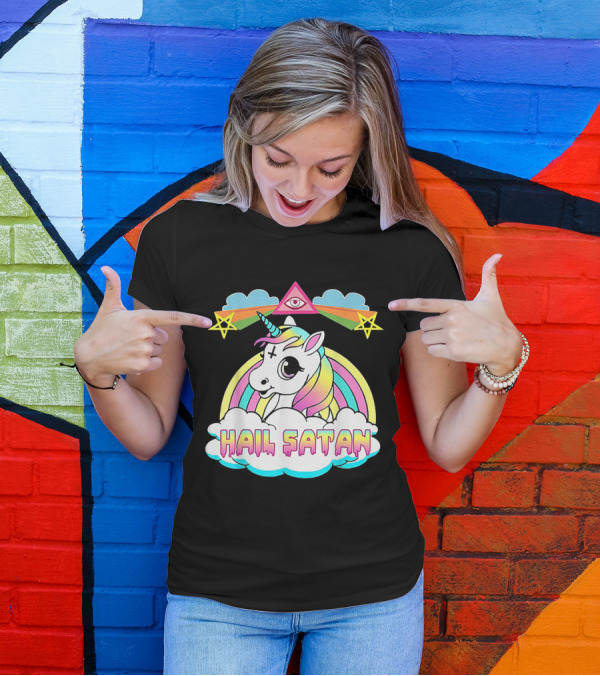 Hail Satan Unicorn All-Seeing Eye Rainbow Stars T-Shirt
