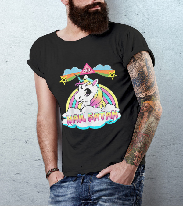 Hail Satan Unicorn All-Seeing Eye Rainbow Stars T-Shirt