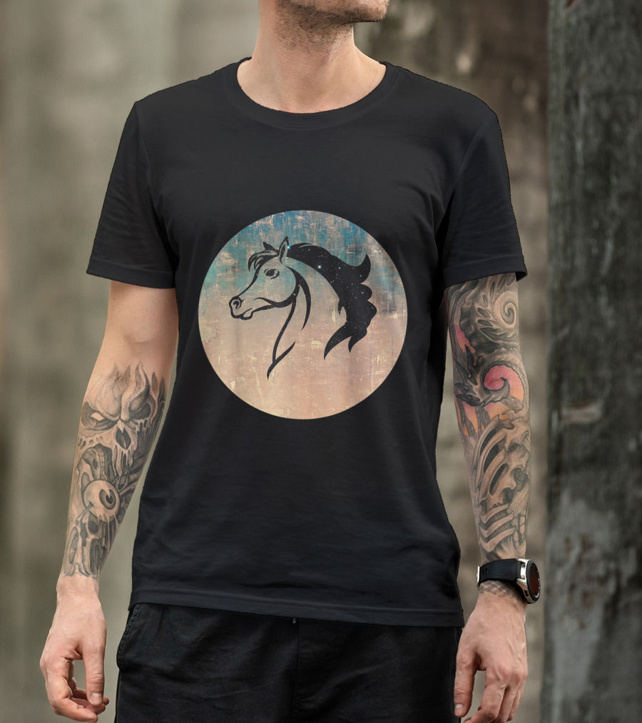 Vintage Horsehead Silhouette With Grunge Texture Circle T-Shirt