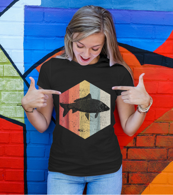 Vintage Koi Carp Fish Silhouette Retro Hexagonal Stripe T-Shirt