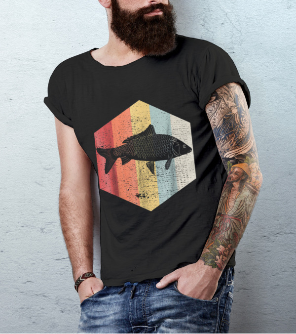 Vintage Koi Carp Fish Silhouette Retro Hexagonal Stripe T-Shirt