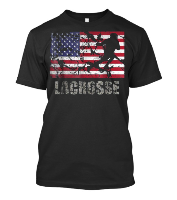 Lacrosse Player Silhouette Over Distressed American Flag USA Flag Fan T-Shirt