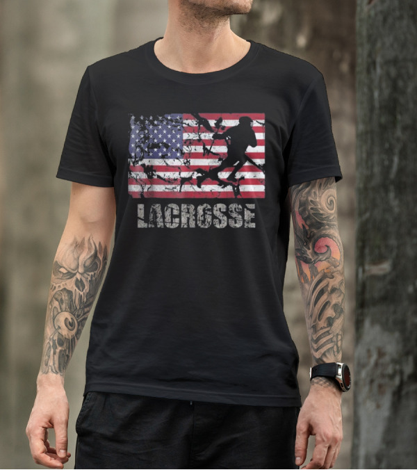 Lacrosse Player Silhouette Over Distressed American Flag USA Flag Fan T-Shirt
