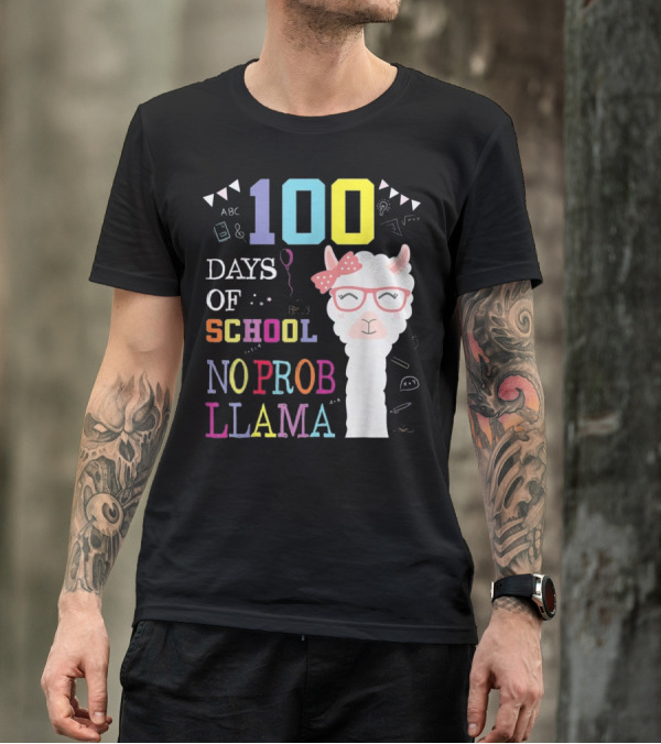 100 Days Of School No Probllama Cute Colorful Llama With Glasses And Bow T-Shirt
