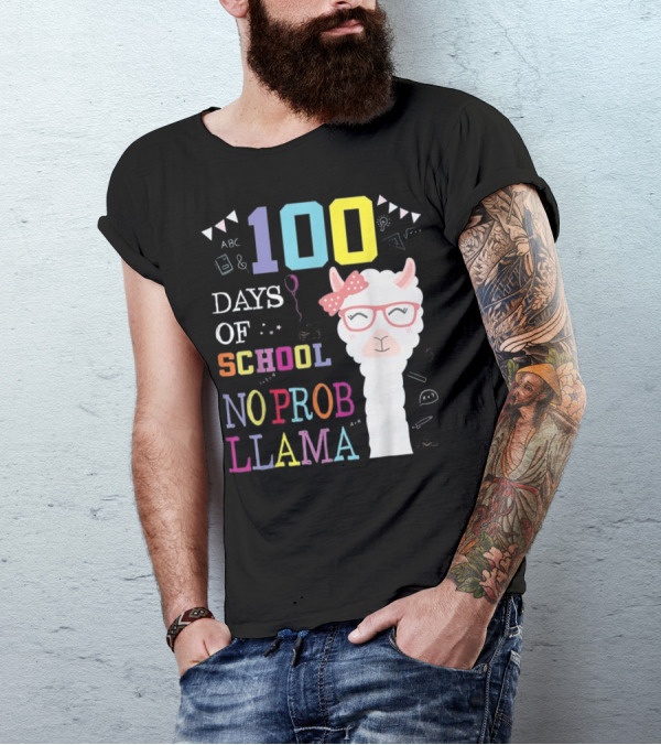 100 Days Of School No Probllama Cute Colorful Llama With Glasses And Bow T-Shirt