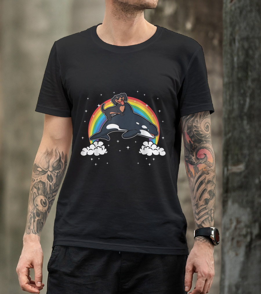 Dachshund Riding Orca Killer Whale Rainbow Clouds T-Shirt