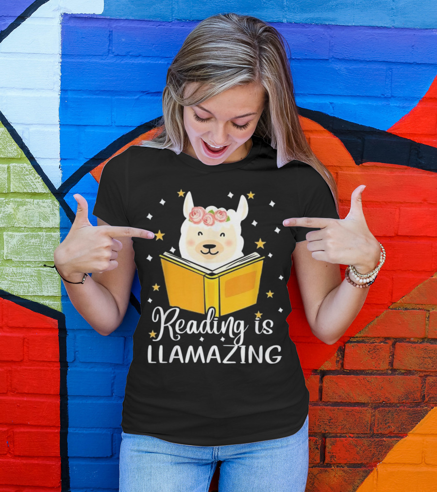 Reading Is Llamazing Cute Llama With Book And Flowers T-Shirt