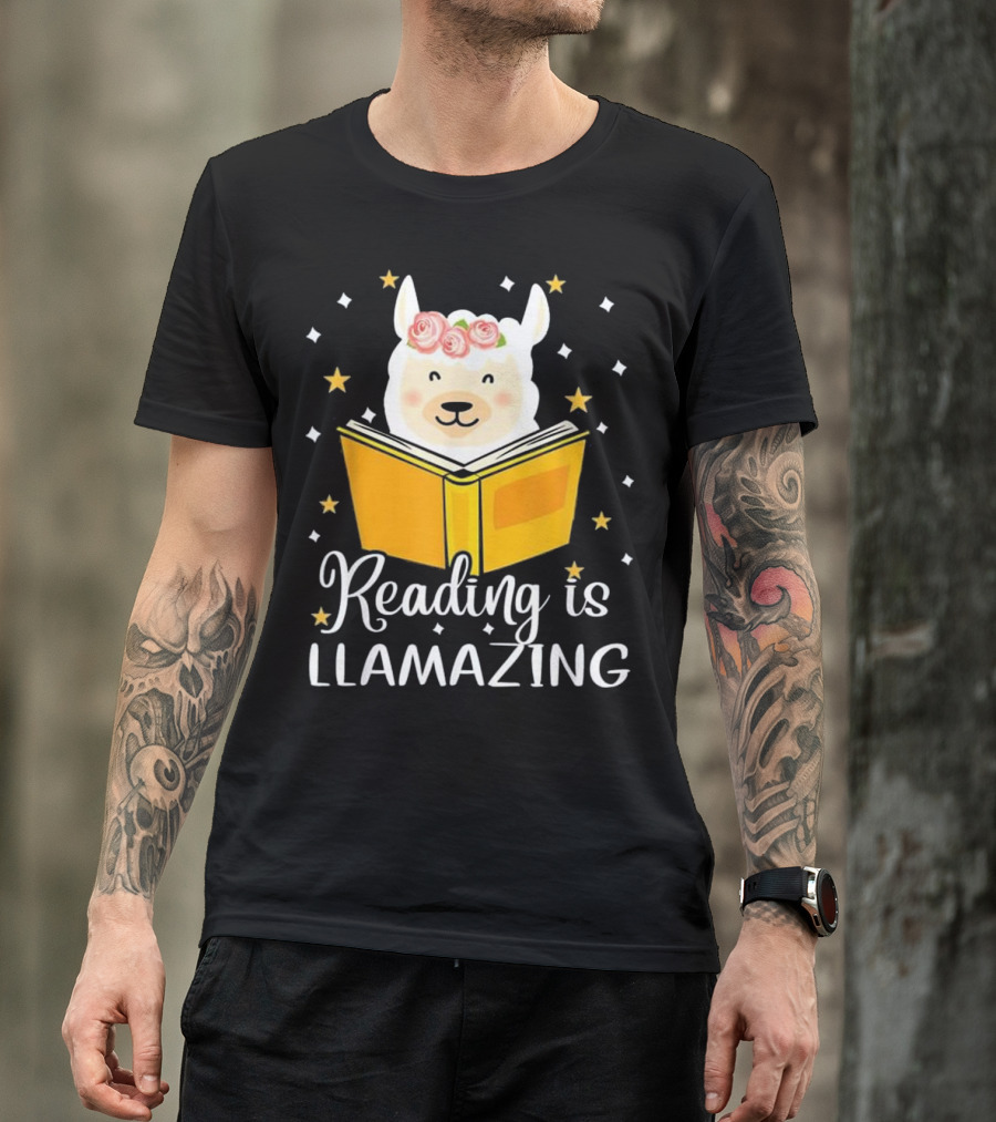 Reading Is Llamazing Cute Llama With Book And Flowers T-Shirt