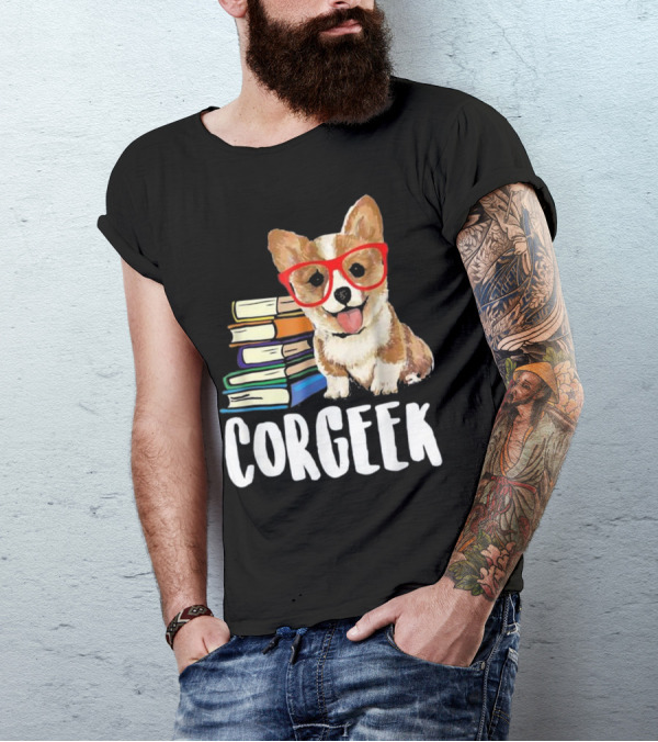 Corgeek Funny Corgi With Glasses Reading Books T-Shirt
