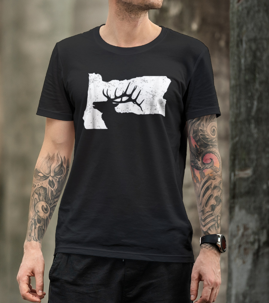 Oregon Elk Hunting Bull Silhouette Map T-Shirt