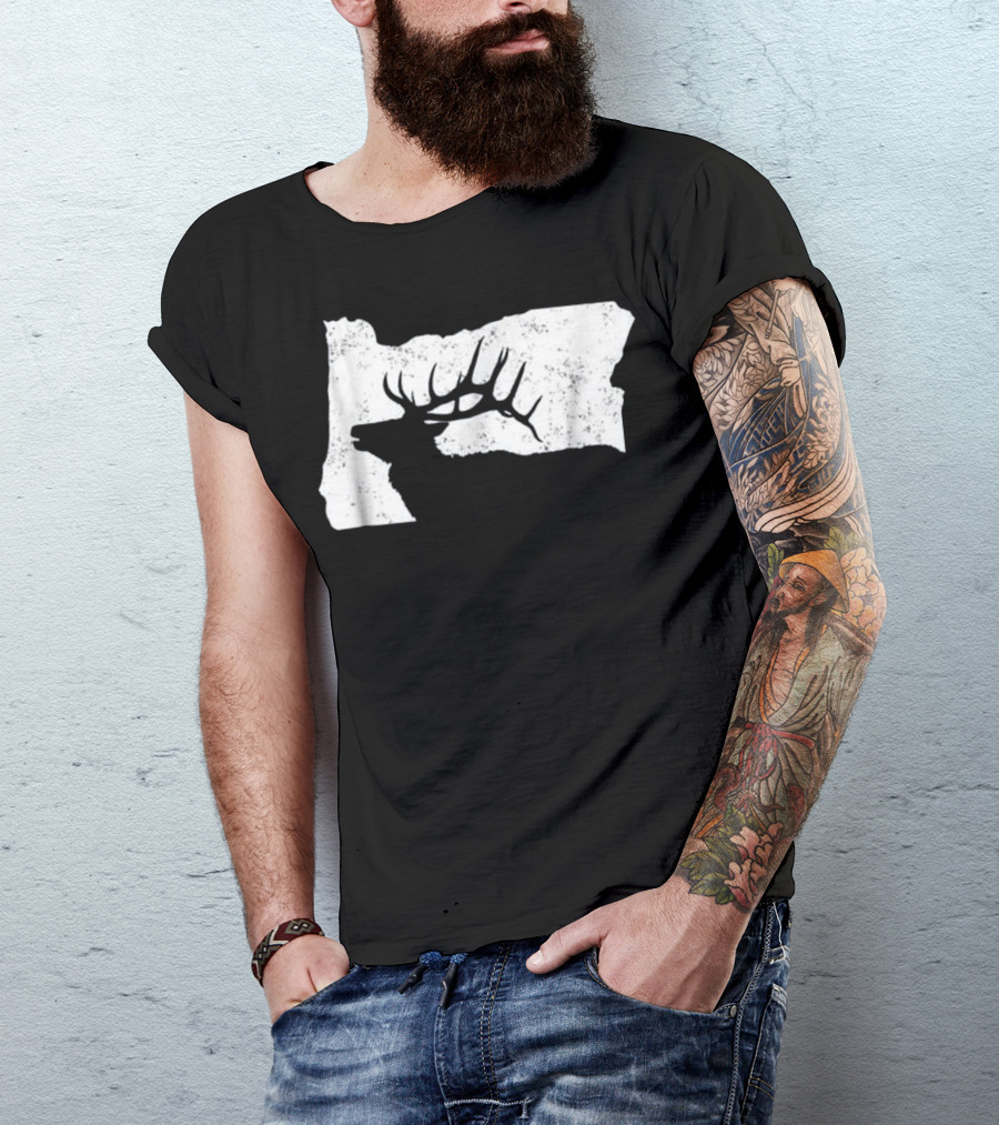 Oregon Elk Hunting Bull Silhouette Map T-Shirt