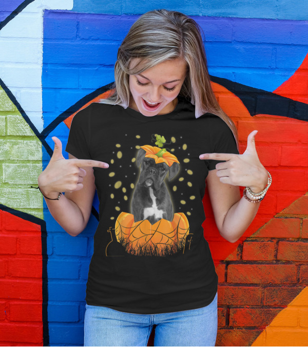Halloween Boxer Dog Inside Pumpkin With Spider Web And Leaves T-Shirt