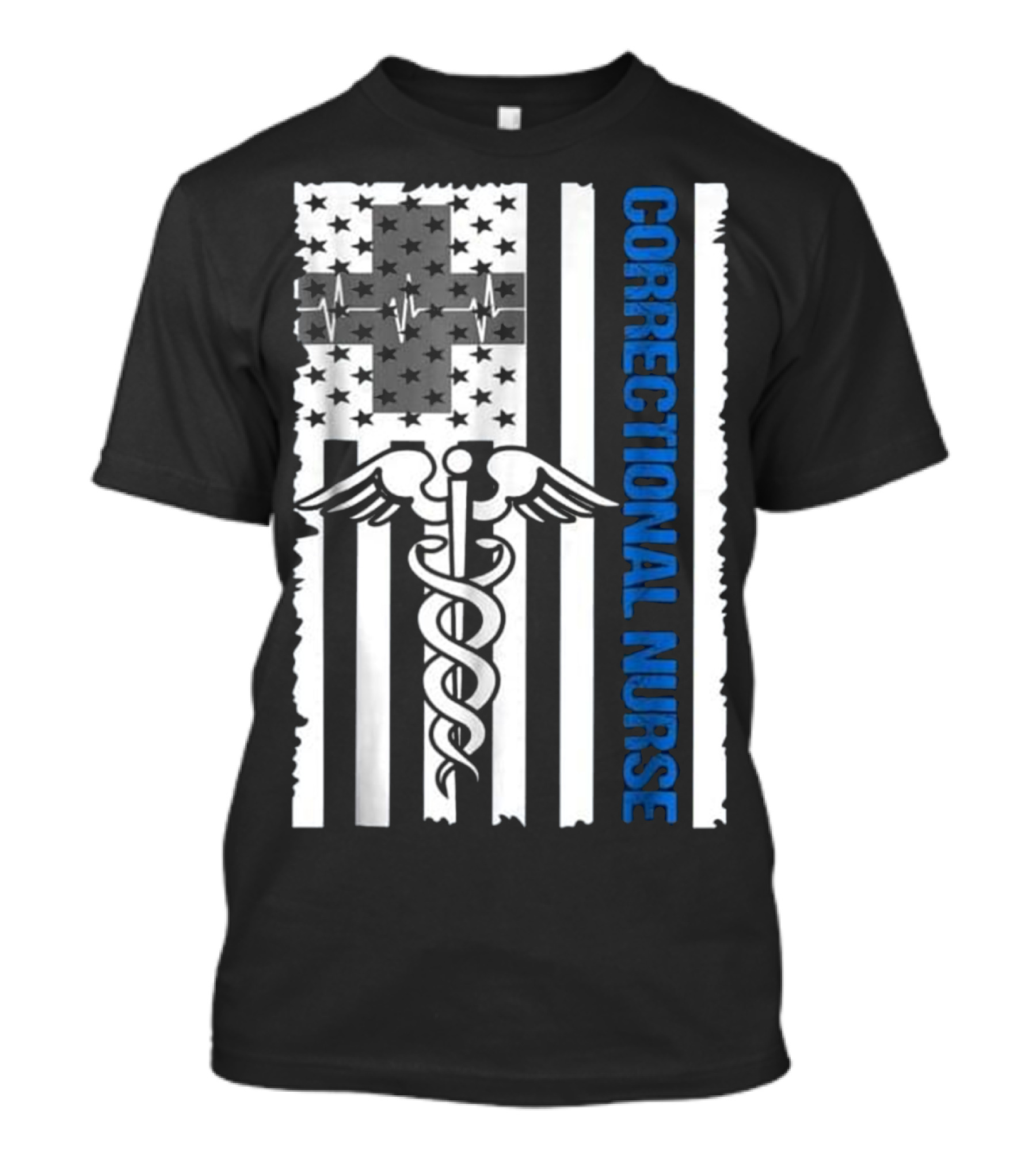 Correctional Nurse American Flag Caduceus And Cross With EKG T-Shirt