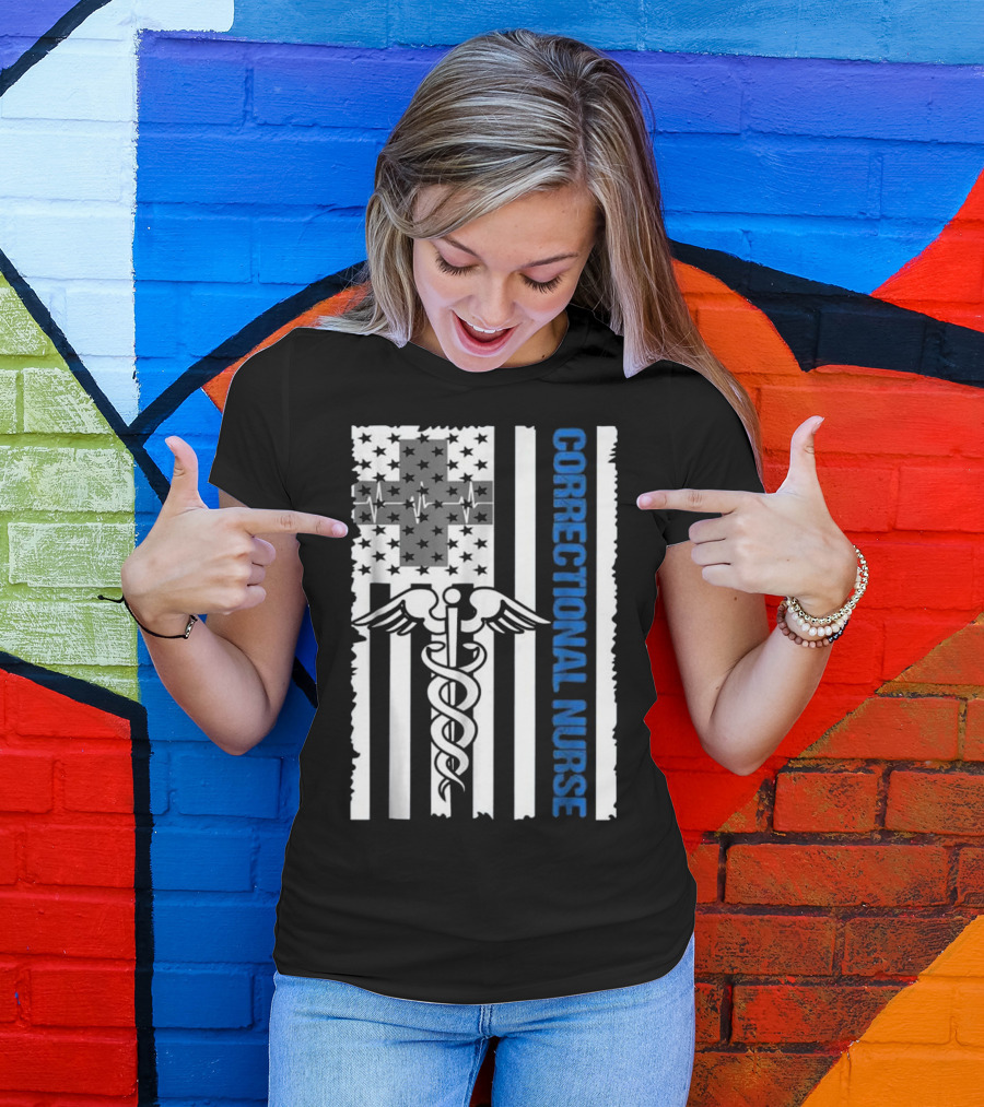 Correctional Nurse American Flag Caduceus And Cross With EKG T-Shirt