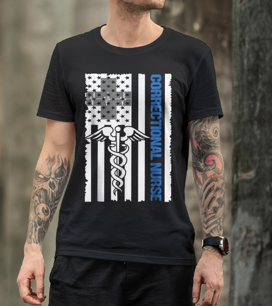 Correctional Nurse American Flag Caduceus And Cross With EKG T-Shirt