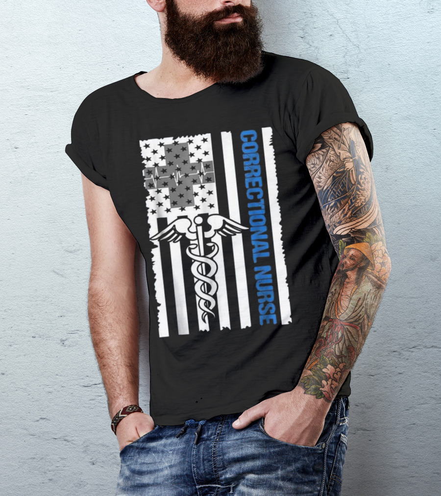 Correctional Nurse American Flag Caduceus And Cross With EKG T-Shirt