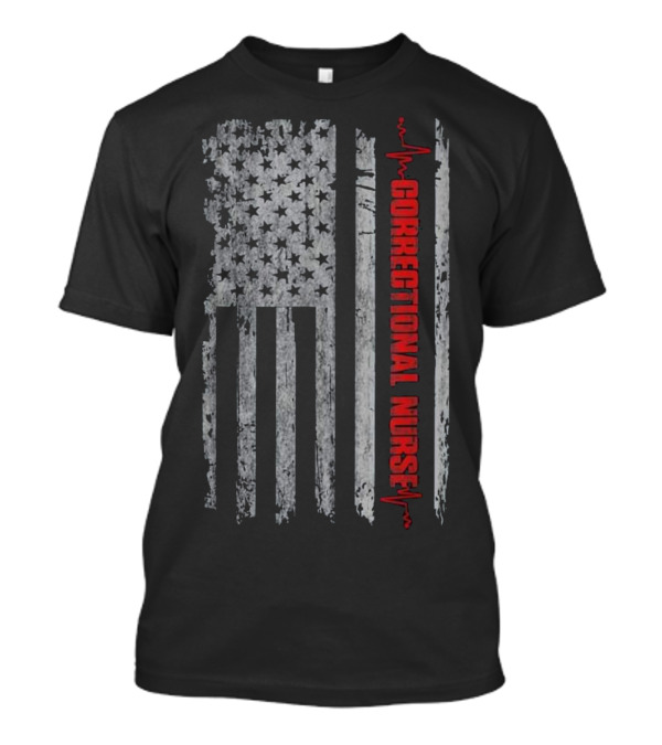 Correctional Nurse Distressed American Flag With Heartbeat T-Shirt