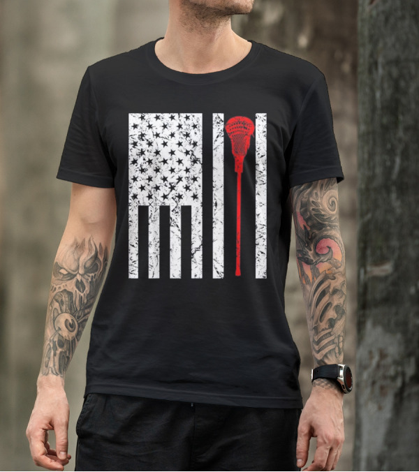 American Flag Lacrosse Stick US Sports Fan T-Shirt