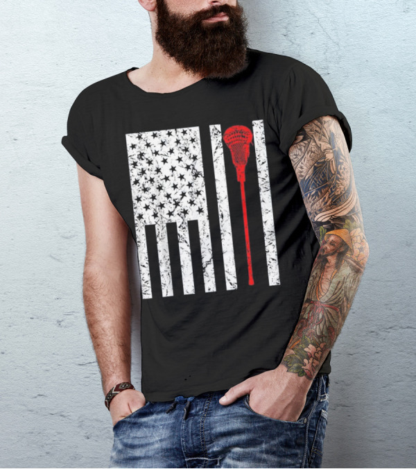 American Flag Lacrosse Stick US Sports Fan T-Shirt