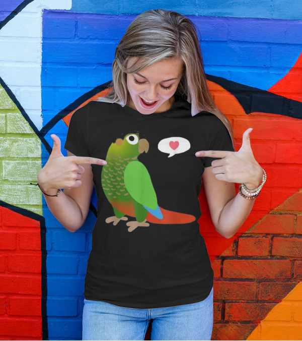 Funny Green Cheek Conure With Heart Parrot Love Speech Balloon T-Shirt