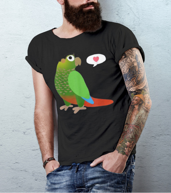 Funny Green Cheek Conure With Heart Parrot Love Speech Balloon T-Shirt