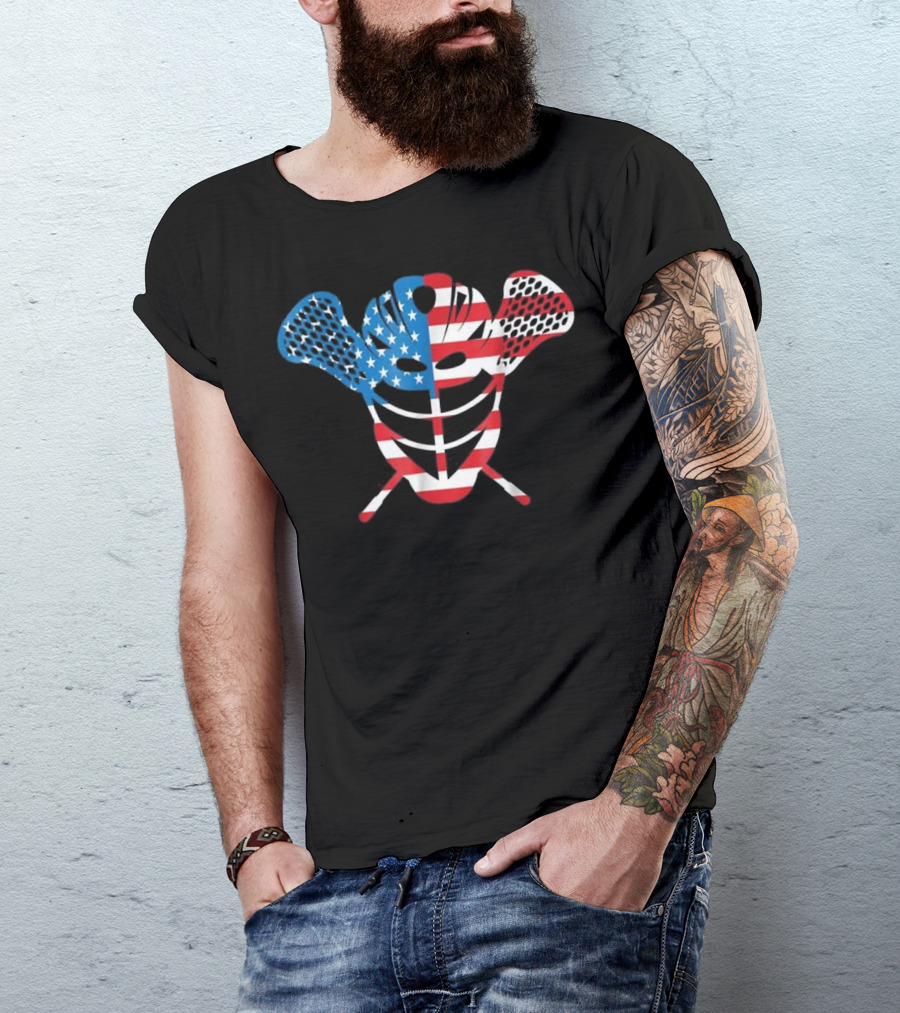Lacrosse Helmet And Sticks American Flag T-Shirt