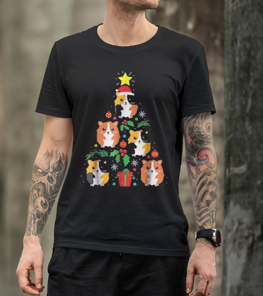 Funny Guinea Pig Lover Christmas Tree Cats Santa Hat Holiday T-Shirt