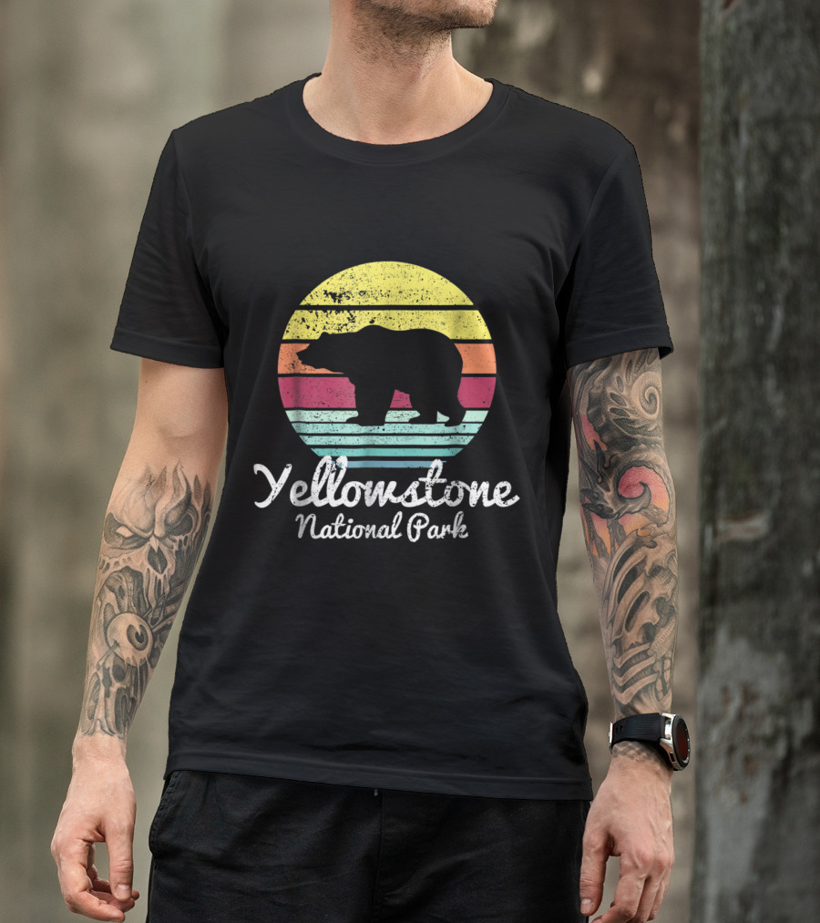 Yellowstone National Park Vintage Bear Silhouette Retro Stripes T-Shirt