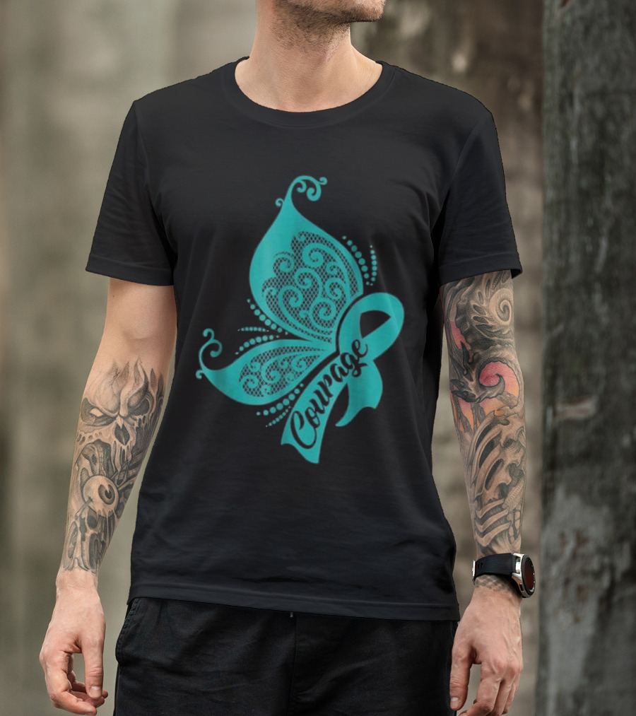 Courage Butterfly Ribbon Ovarian Cancer Awareness T-Shirt