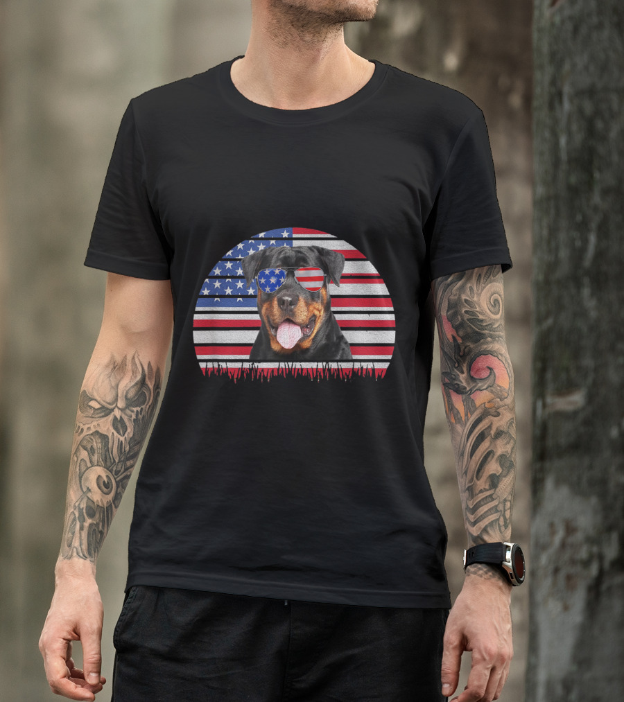 Vintage Rottweiler Sunglasses American Flag T-Shirt