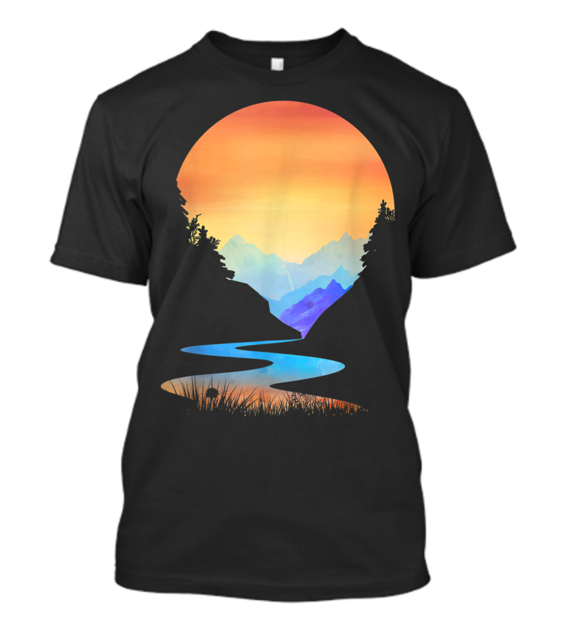 Vintage Style Sunset Over Mountain Stream T-Shirt