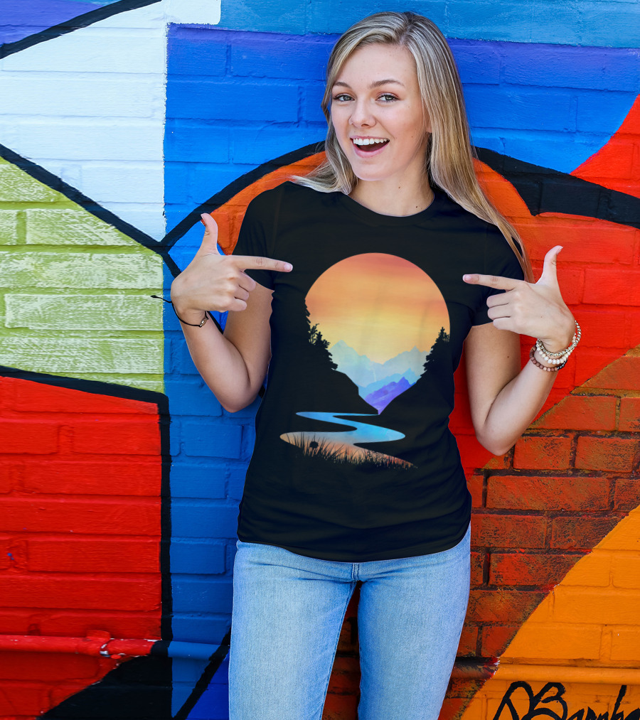 Vintage Style Sunset Over Mountain Stream T-Shirt