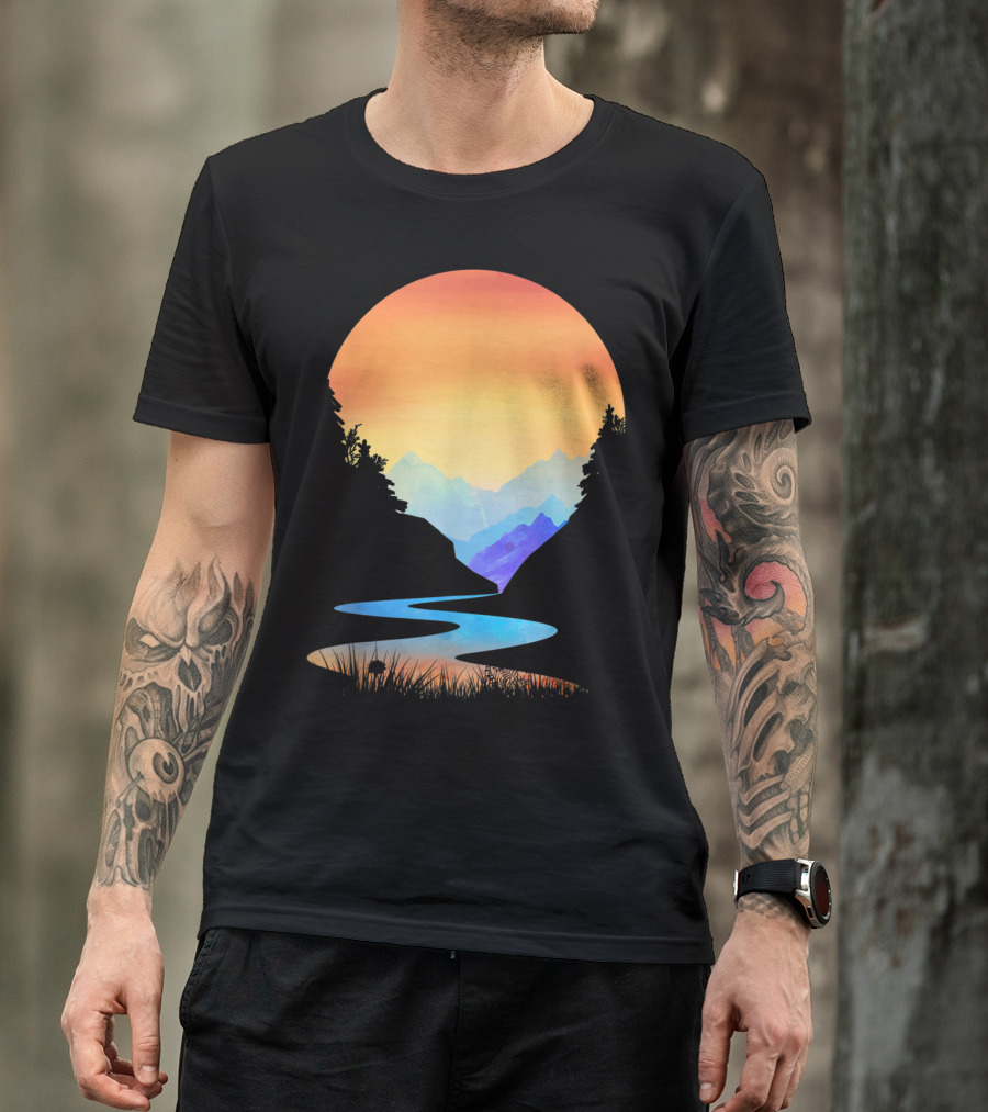 Vintage Style Sunset Over Mountain Stream T-Shirt