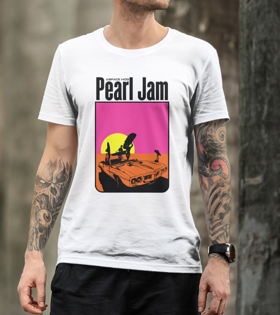 Pearl Jam & Space Hog Surfing Graphic Car Sunset T-Shirt