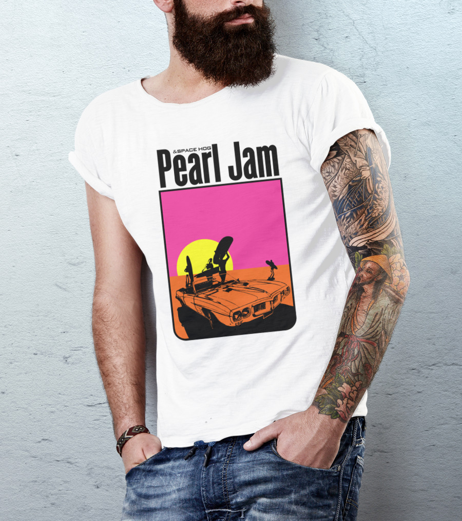 Pearl Jam & Space Hog Surfing Graphic Car Sunset T-Shirt