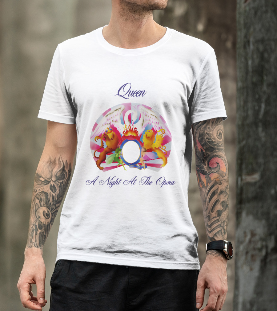 Queen A Night At The Opera Album Cover Art With Colorful Mythical Creatures And Winged Symbolism T-Shirt