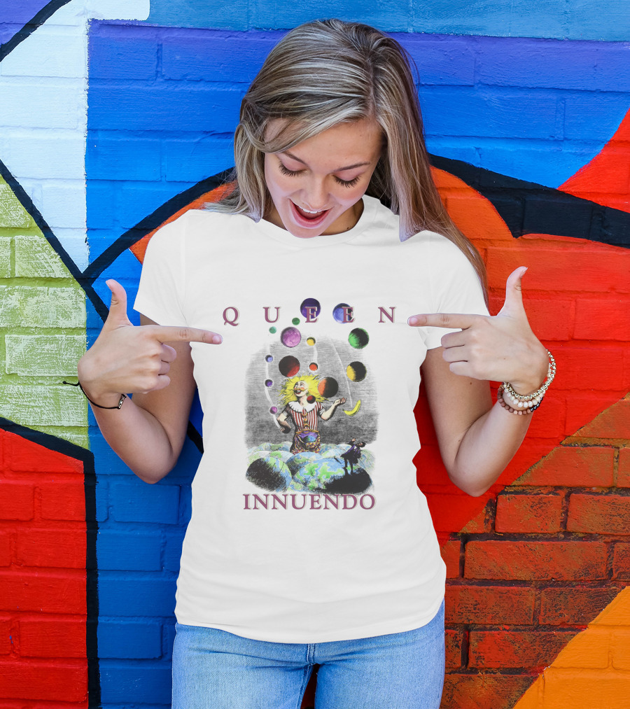 Queen Innuendo Juggling Planets And Moons Clown Surreal Artwork T-Shirt
